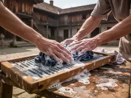 Nahaufnahme von Händen, die Wäsche auf einem traditionellen hölzernen Waschbrett in einem historischen Innenhof waschen. - Foto: über boerse-global.de