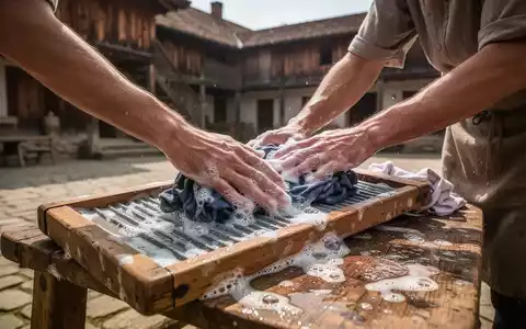 Nahaufnahme von Händen, die Wäsche auf einem traditionellen hölzernen Waschbrett in einem historischen Innenhof waschen. - Foto: über boerse-global.de