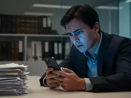 Eine konzentrierte Person blickt in einem abgedunkelten Büro auf ein Smartphone, während im Hintergrund juristische Unterlagen liegen. - Foto: über boerse-global.de