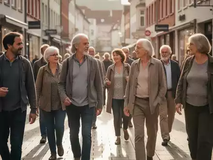 Eine Gruppe von Menschen unterschiedlichen Alters bei einem gemeinsamen Spaziergang in einer sonnigen Fußgängerzone. - Foto: über boerse-global.de