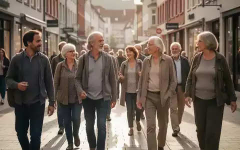 Eine Gruppe von Menschen unterschiedlichen Alters bei einem gemeinsamen Spaziergang in einer sonnigen FuĂgĂ€ngerzone. - Foto: ĂŒber boerse-global.de