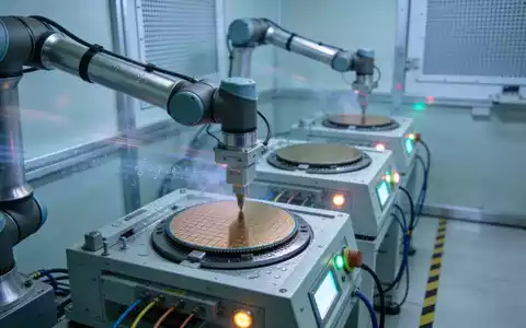 Präzisionsroboterarme in einer modernen Halbleiter-Fertigungsanlage bei der Arbeit an Silizium-Wafern. - Foto: über boerse-global.de