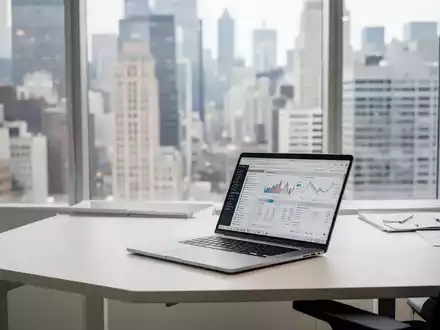 Ein moderner, heller Büroarbeitsplatz mit Laptop vor einem verschwommenen Finanzviertel im Hintergrund. - Foto: über boerse-global.de