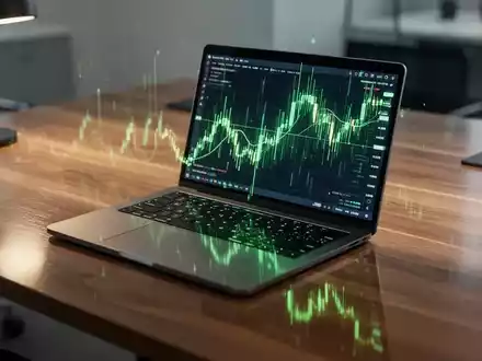 Ein moderner Schreibtisch mit einem Laptop, auf dem abstrakte grüne Finanzmarktkurse zu sehen sind. - Foto: über boerse-global.de