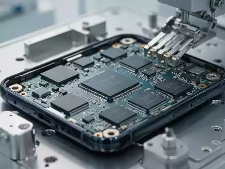Detailaufnahme einer hochmodernen Smartphone-Platine mit Mikrochips und Prozessoreinheiten in einer sauberen Laborumgebung. - Foto: über boerse-global.de
