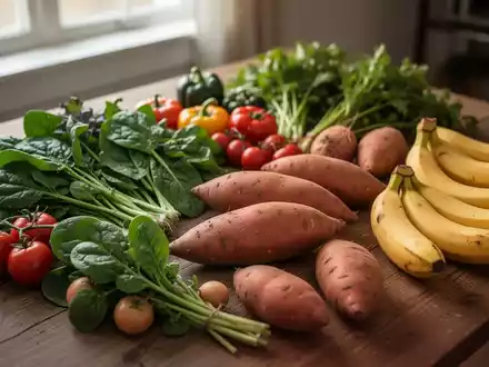 Eine Auswahl an frischem Obst und Gemüse wie Bananen, Spinat und Süßkartoffeln auf einem Holztisch. - Foto: über boerse-global.de