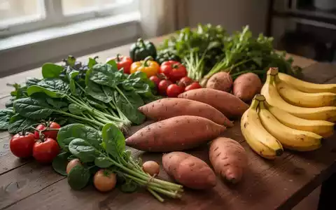 Eine Auswahl an frischem Obst und Gemüse wie Bananen, Spinat und Süßkartoffeln auf einem Holztisch. - Foto: über boerse-global.de