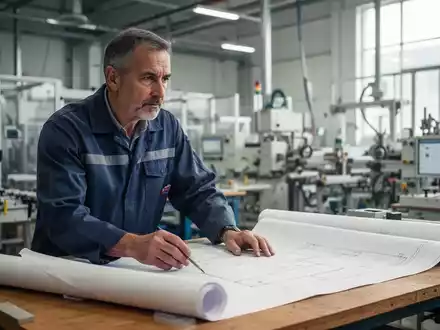 Ein älterer Industriearbeiter betrachtet nachdenklich Baupläne in einer modernen Produktionshalle. - Foto: über boerse-global.de