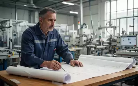 Ein älterer Industriearbeiter betrachtet nachdenklich Baupläne in einer modernen Produktionshalle. - Foto: über boerse-global.de