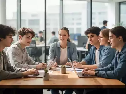 Junge Erwachsene in einem modernen Bürogebäude bei der gemeinsamen Arbeit am Schreibtisch. - Foto: über boerse-global.de