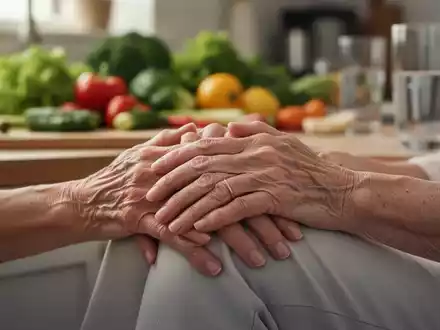 Nahaufnahme einer Seniorin, die ihre Hand auf ihr Knie legt, in einer hellen, natürlichen Umgebung mit frischem Gemüse im Hintergrund. - Foto: über boerse-global.de