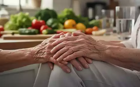 Nahaufnahme einer Seniorin, die ihre Hand auf ihr Knie legt, in einer hellen, natürlichen Umgebung mit frischem Gemüse im Hintergrund. - Foto: über boerse-global.de
