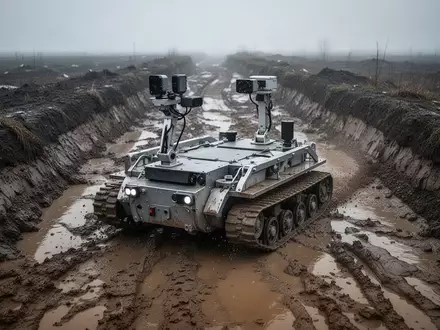 Ein autonomer Bodenroboter auf Ketten bewegt sich durch eine schlammige, zerklüftete Landschaft in einem Frontabschnitt. - Foto: über boerse-global.de