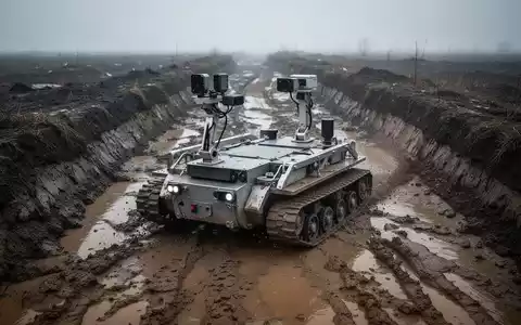 Ein autonomer Bodenroboter auf Ketten bewegt sich durch eine schlammige, zerklüftete Landschaft in einem Frontabschnitt. - Foto: über boerse-global.de