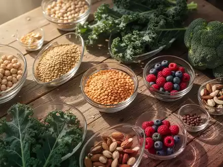 Nahaufnahme von verschiedenen pflanzlichen Lebensmitteln wie Hülsenfrüchten, Nüssen und Gemüse auf einem Holztisch. - Foto: über boerse-global.de