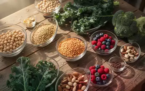 Nahaufnahme von verschiedenen pflanzlichen Lebensmitteln wie Hülsenfrüchten, Nüssen und Gemüse auf einem Holztisch. - Foto: über boerse-global.de