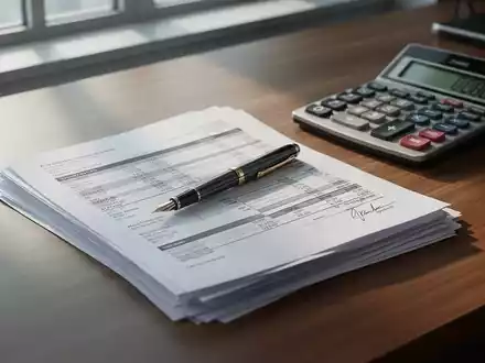 Ein professioneller Schreibtisch mit Finanzunterlagen, einem Füller und einem Taschenrechner in natürlichem Licht. - Foto: über boerse-global.de