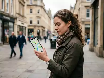 Eine Person betrachtet eine digitale Kartenanwendung auf einem Smartphone in einer städtischen Umgebung. - Foto: über boerse-global.de