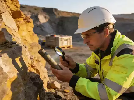 Ein Geologe untersucht eine Gesteinsprobe an einer modernen geologischen Untersuchungsstelle im Freien. - Foto: über boerse-global.de