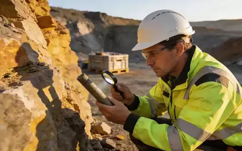 Ein Geologe untersucht eine Gesteinsprobe an einer modernen geologischen Untersuchungsstelle im Freien. - Foto: über boerse-global.de
