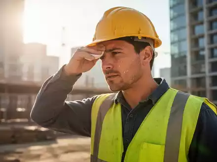 Bauarbeiter wischt sich bei starker Sonneneinstrahlung den Schweiß von der Stirn auf einer Baustelle. - Foto: über boerse-global.de