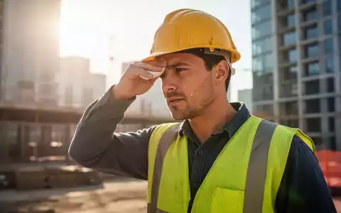 Bauarbeiter wischt sich bei starker Sonneneinstrahlung den Schweiß von der Stirn auf einer Baustelle. - Foto: über boerse-global.de