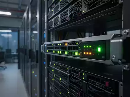 Ein beleuchteter Serverraum mit Fokus auf die Hardware-Indikatoren einer Netzwerkinfrastruktur. - Foto: über boerse-global.de