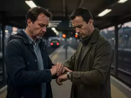 Ein erschöpfter Pendler steht in der Dämmerung auf einem leeren Bahnsteig und blickt besorgt auf seine Armbanduhr. - Foto: über boerse-global.de