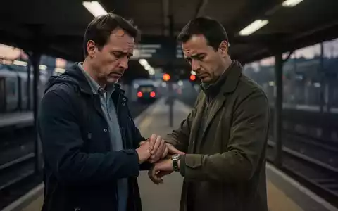 Ein erschöpfter Pendler steht in der DĂ€mmerung auf einem leeren Bahnsteig und blickt besorgt auf seine Armbanduhr. - Foto: ĂŒber boerse-global.de