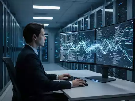 Ein Cybersecurity-Experte überwacht in einem modernen Rechenzentrum den Datenverkehr zur Absicherung von KI-Systemen. - Foto: über boerse-global.de