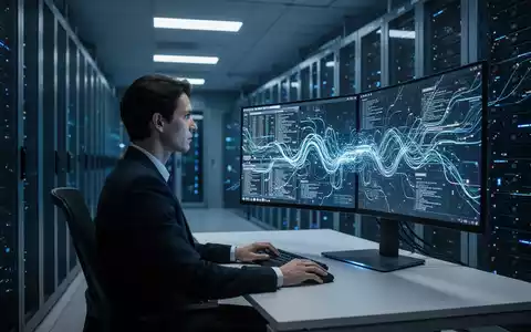 Ein Cybersecurity-Experte überwacht in einem modernen Rechenzentrum den Datenverkehr zur Absicherung von KI-Systemen. - Foto: über boerse-global.de