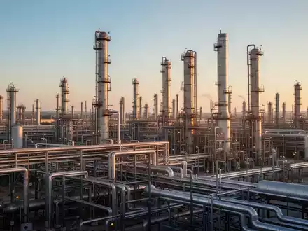 Moderne petrochemische Raffinerieanlage bei Sonnenuntergang mit komplexen Rohrleitungen und Industrieanlagen. - Foto: über boerse-global.de