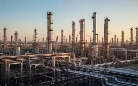 Moderne petrochemische Raffinerieanlage bei Sonnenuntergang mit komplexen Rohrleitungen und Industrieanlagen. - Foto: über boerse-global.de