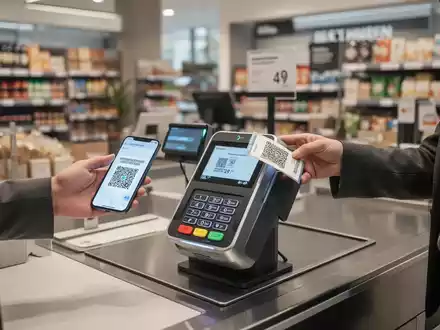 Ein Kunde scannt einen digitalen QR-Code an einem modernen Kassenterminal in einem Einzelhandelsgeschäft. - Foto: über boerse-global.de