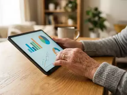 Ein älterer Mensch betrachtet Finanzdiagramme auf einem Tablet an einem hellen Schreibtisch. - Foto: über boerse-global.de