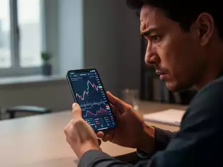 Eine besorgte Person blickt nachdenklich auf ein Smartphone, während sie vor einem Computerbildschirm in einem modernen Büro sitzt. - Foto: über boerse-global.de