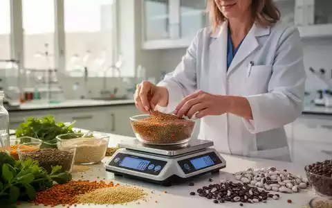 Ernährungsberater wiegt pflanzliche Proteinquellen in einer hellen, modernen Laborumgebung. - Foto: über boerse-global.de