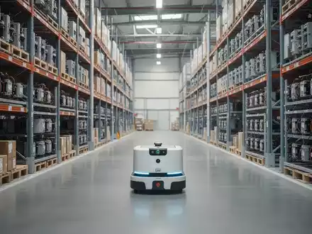 Ein autonomer Transportroboter fährt durch die Gänge eines modernen, hochautomatisierten Logistikzentrums mit hohen Regalen. - Foto: über boerse-global.de