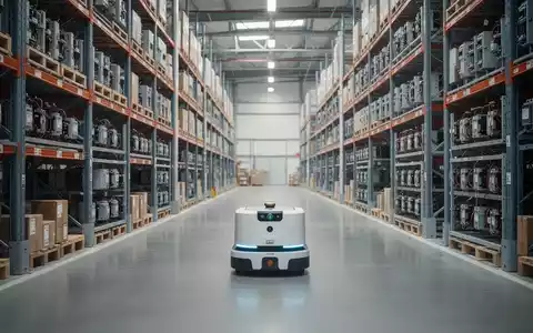 Ein autonomer Transportroboter fährt durch die Gänge eines modernen, hochautomatisierten Logistikzentrums mit hohen Regalen. - Foto: über boerse-global.de