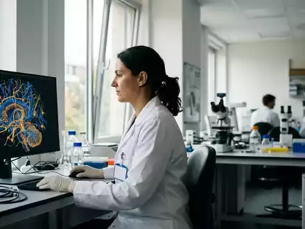 Ein Forscher betrachtet ein 3D-Modell von Nervenzellen in einem modernen Labor zur Untersuchung der Gehirnregeneration. - Foto: über boerse-global.de