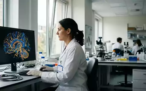 Ein Forscher betrachtet ein 3D-Modell von Nervenzellen in einem modernen Labor zur Untersuchung der Gehirnregeneration. - Foto: über boerse-global.de