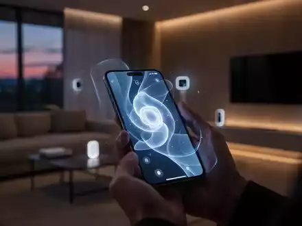 Ein Smartphone in einer Hand zeigt eine KI-Schnittstelle zur Steuerung eines modernen Smart-Home-Systems in einem Wohnzimmer. - Foto: über boerse-global.de