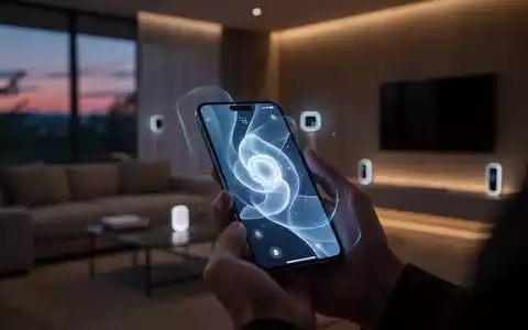 Ein Smartphone in einer Hand zeigt eine KI-Schnittstelle zur Steuerung eines modernen Smart-Home-Systems in einem Wohnzimmer. - Foto: über boerse-global.de