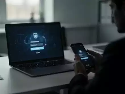 Ein verschwommener Laptop-Bildschirm und ein Smartphone in einem modernen Büro als Symbol für Cyber-Sicherheitsrisiken. - Foto: über boerse-global.de