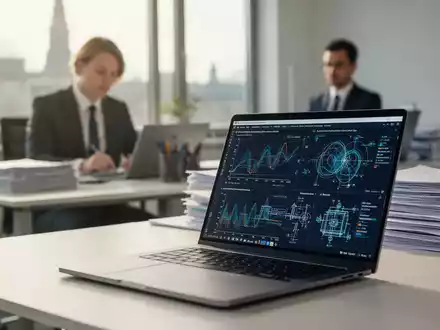 Ein moderner Schreibtisch in einer deutschen Behörde mit einem Laptop, der komplexe Infrastrukturdaten anzeigt. - Foto: über boerse-global.de