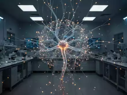 Ein leuchtendes, abstraktes Modell eines neuronalen Netzwerks in einem modernen, abgedunkelten Labor. - Foto: über boerse-global.de
