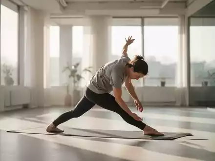 Eine Person praktiziert achtsame Bewegungsübungen in einem hellen, modernen Fitnessraum bei natürlichem Tageslicht. - Foto: über boerse-global.de
