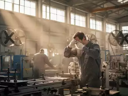 Ein Industriearbeiter wischt sich in einer warmen Produktionshalle bei einfallendem Sonnenlicht den Schweiß von der Stirn. - Foto: über boerse-global.de