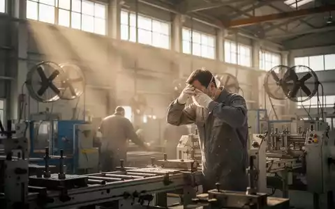 Ein Industriearbeiter wischt sich in einer warmen Produktionshalle bei einfallendem Sonnenlicht den Schweiß von der Stirn. - Foto: über boerse-global.de