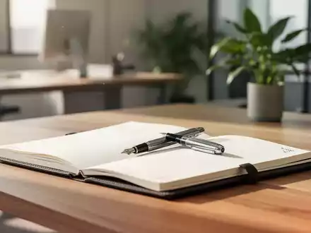 Ein minimalistischer Schreibtisch mit einem offenen Notizbuch und einem Füllfederhalter in hellem, natürlichem Tageslicht. - Foto: über boerse-global.de